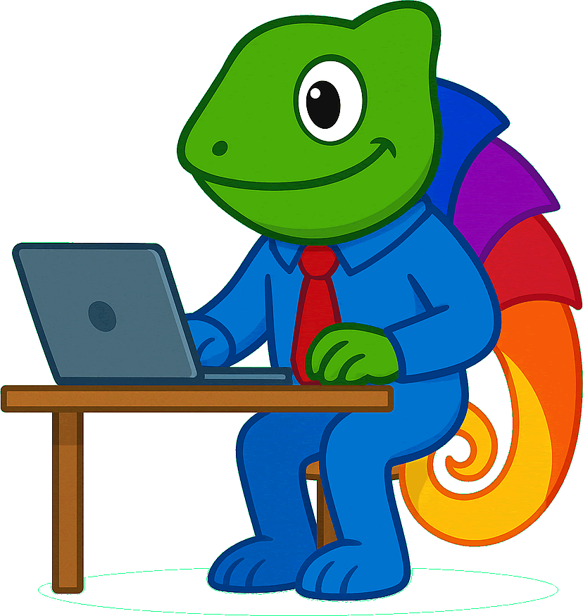 KI-Stimme generieren für Werbung, E-Learning und Agenturen – Chamäleon mit Krawatte